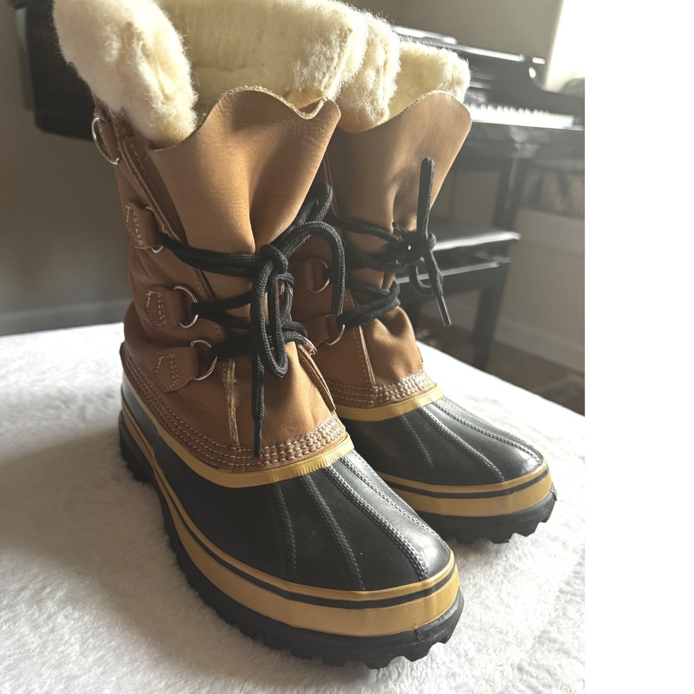 Vintage Sorel Caribou Boots Size 7 (W 8.5) Tan Leather Wool Lined Canada Kaufman